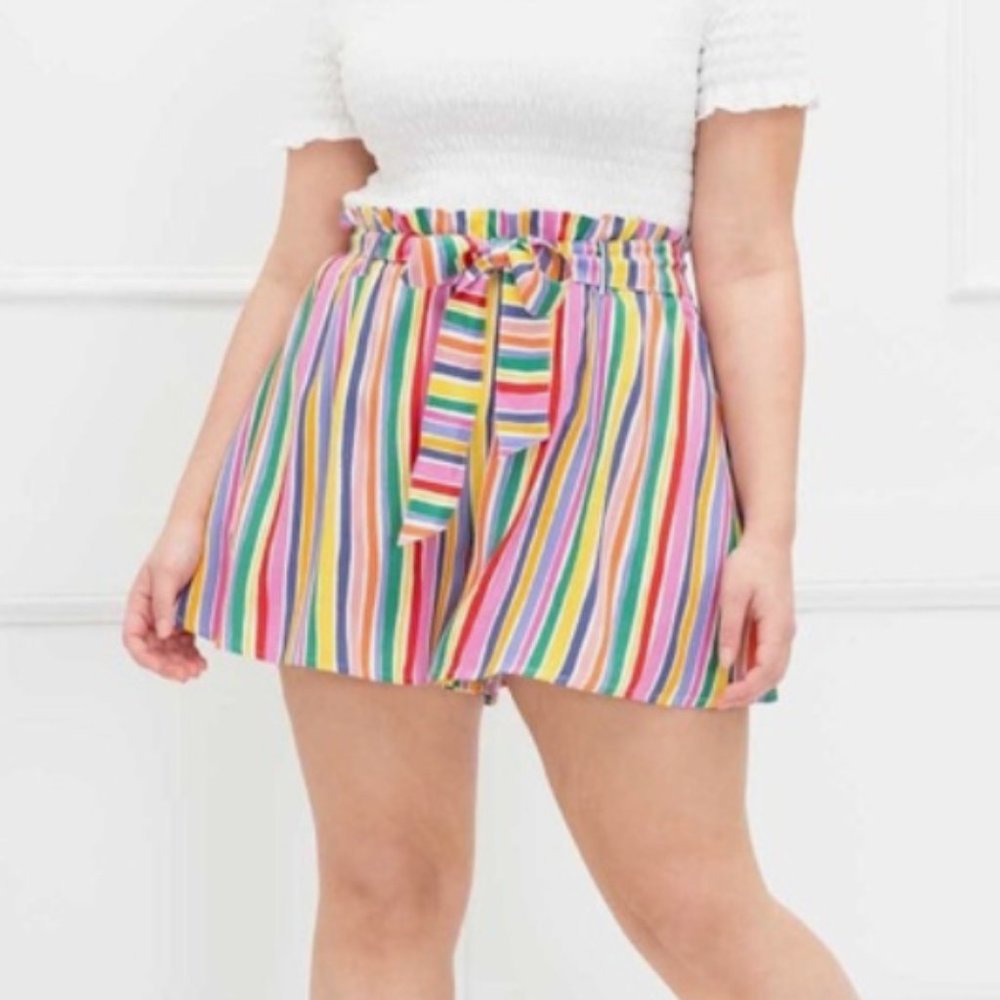 Eloquii Womens Shorts Stripe Belted Pockets Colorful Rainbow Plus 16